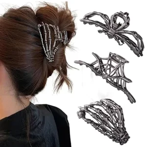 3 Pcs Black Spider Web Skeleton Hand Skull Hair Claw Clips