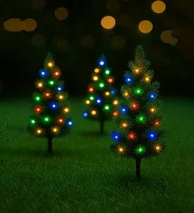 Outdoor solar-powered Christmas tree pathway lights.