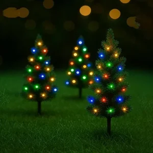 Outdoor solar-powered Christmas tree pathway lights.